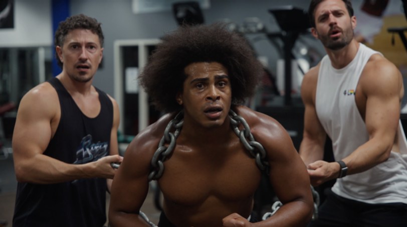 Austin hauls a chain across the gym floor with two trainers behind him